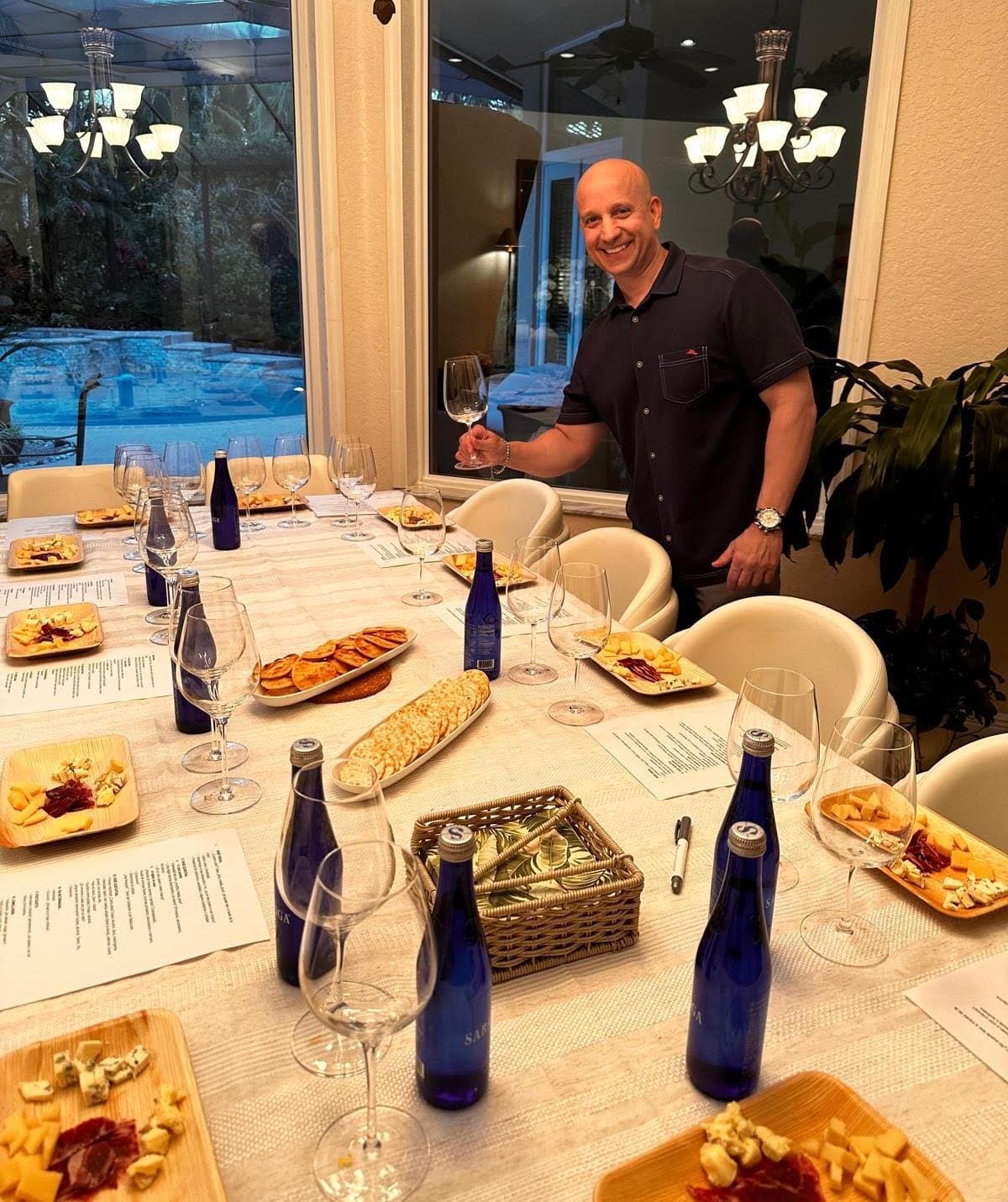 A table set up for a private, at-home wine tasting event.